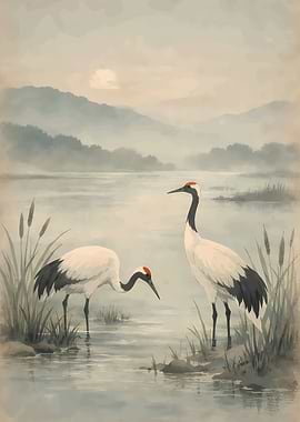 Two Cranes by a Misty Lake