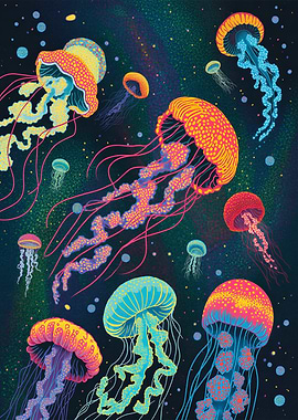 Vibrant Jellyfish in Cosmic Background