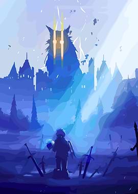 Giant Monster Confronts Hero in Ruined City