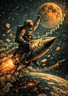 Astronaut riding a rocket to the moon