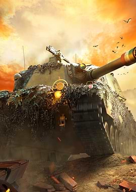 Camouflaged Tank in Fiery Sunset