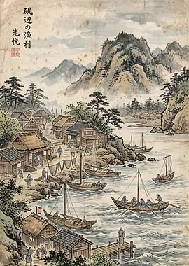 Japanese Fishing Village Landscape Painting
