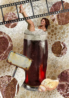 Woman bathing in beer glass with film strip