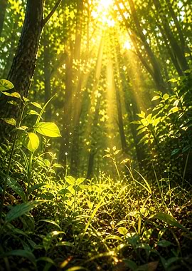 Sunbeams in a Lush Forest