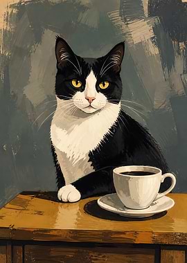 Tuxedo Cat with Coffee