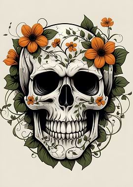 Skull with Orange Flowers and Vines