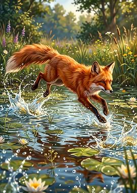 Fox jumping through water