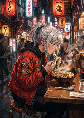 Anime Girl Eating Ramen in Tokyo