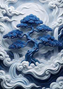 Blue Bonsai Tree with Waterfall and Moon