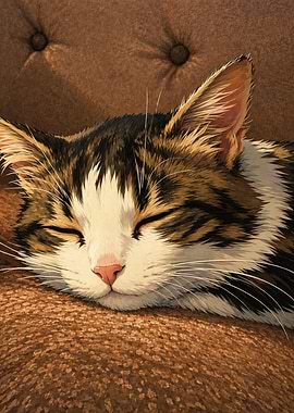 Sleeping Tabby Cat on Brown Couch