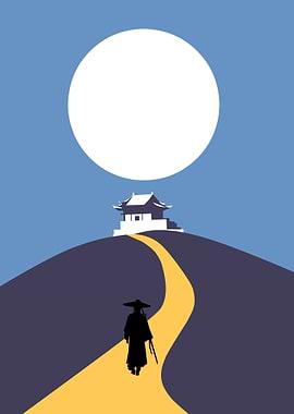 Warrior Ascends to Temple Under Full Moon