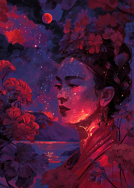 Cosmic Woman with Red Flowers