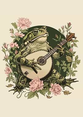 Vintage Toad Playing Banjo Botanical Illustration