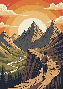 Runner on mountain trail at sunset