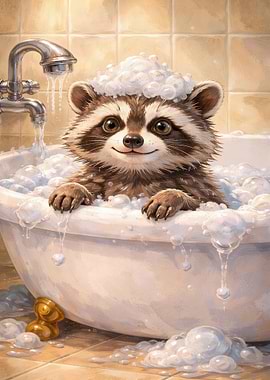 Cute Raccoon in a Bubble Bath