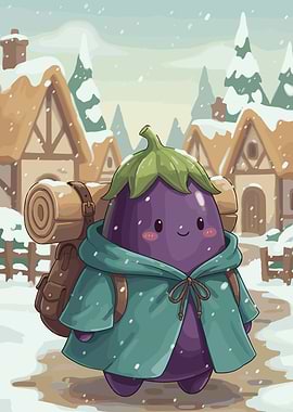 Cute Eggplant Character in Winter Village