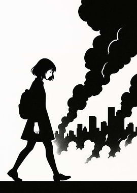 Girl Walking Through City Smoke