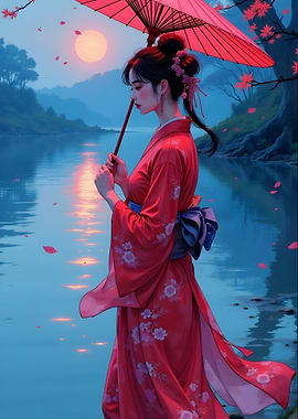 Woman in Kimono with Umbrella by Water