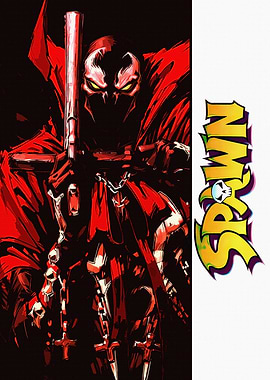 Spawn holding a gun with red cape