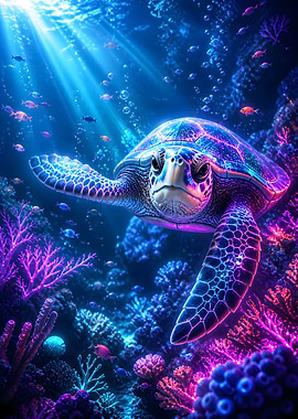 Neon Sea Turtle in Coral Reef