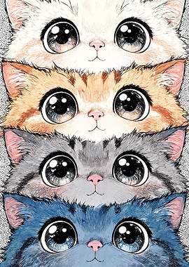 Four Stacked Cute Kittens with Big Eyes