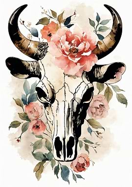 Floral Bull Skull Watercolor