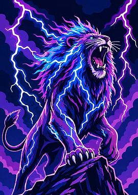 Electric Lion Roaring in Storm