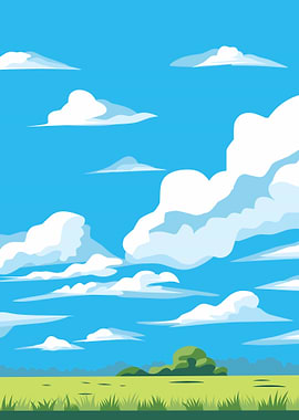 Vast Blue Sky with Fluffy Clouds Over Green Landscape