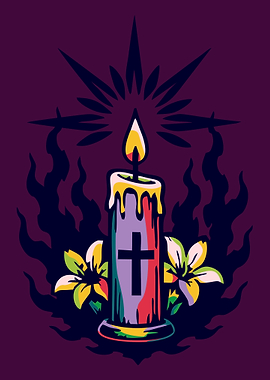 Candle with Cross and Flowers