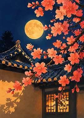 Moonlit Cherry Blossoms Over Traditional Architecture