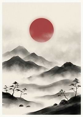 Japanese Zen Misty Mountain Landscape with Red Sun
