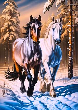 Horses in a Snowy Forest