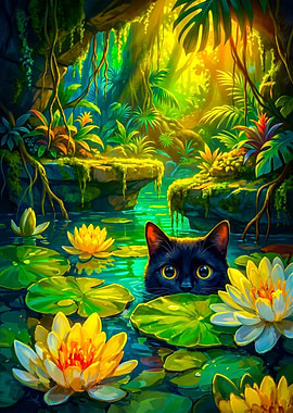 Black Cat in a Tropical Pond