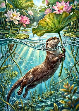 Otter swimming in a lotus pond