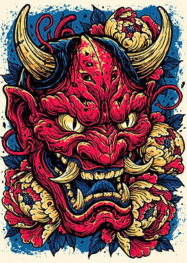 Japanese Oni Mask with Flowers