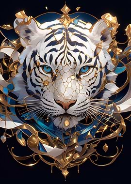 Majestic White Tiger with Gold and Blue Ornate Design