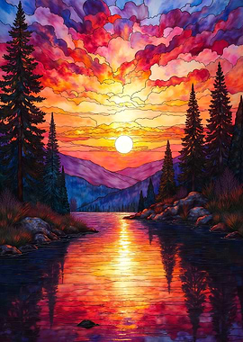 Vibrant Sunset Over Mountain Lake