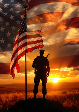 Soldier and American Flag at Sunset