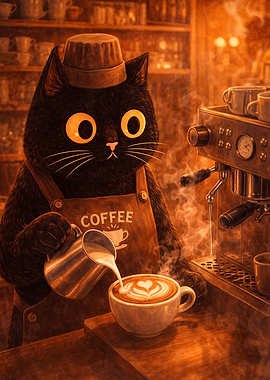 Black Cat Barista Making Latte Art