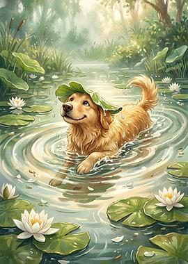 Golden Retriever Dog in Lily Pond