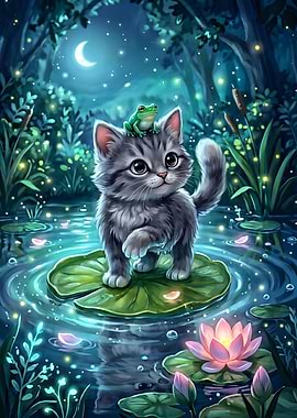 Cute Kitten and Frog on Lily Pad