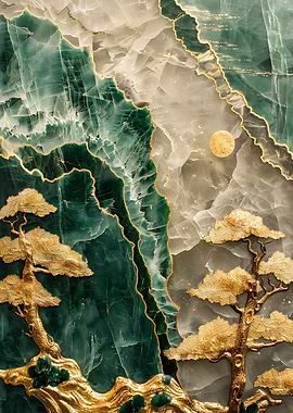 Abstract Jade and Gold Landscape