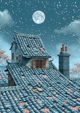 Moonlit Japanese Rooftops with Falling Petals