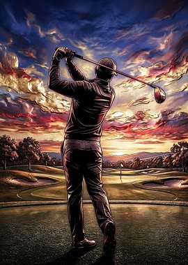Golfer Swinging at Sunset