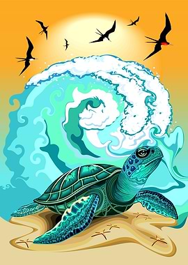 Sea Turtle Ocean Wave and Frigate Birds