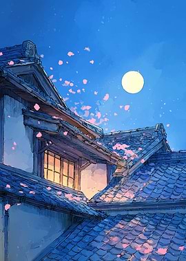 Moonlit Japanese Rooftops with Cherry Blossoms