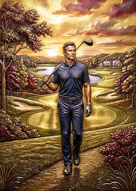 Golfer walking on a course at sunset