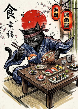 Black Cat Chef Eating Sushi