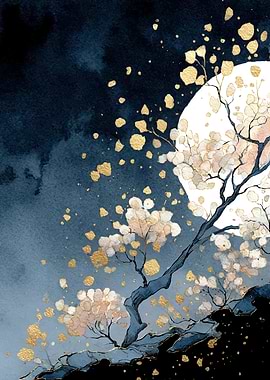 Moonlit Cherry Blossoms with Gold Accents