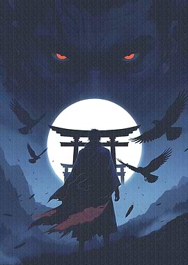 Samurai Facing a Giant Wolf and Torii Gate